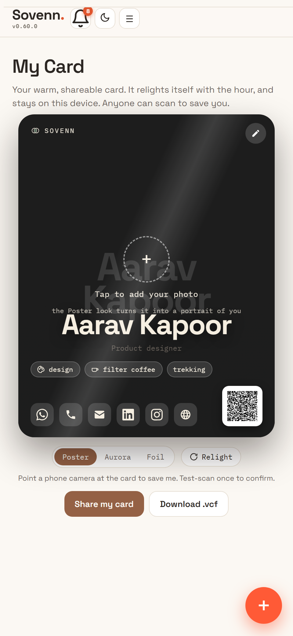Your shareable Sovenn card with QR